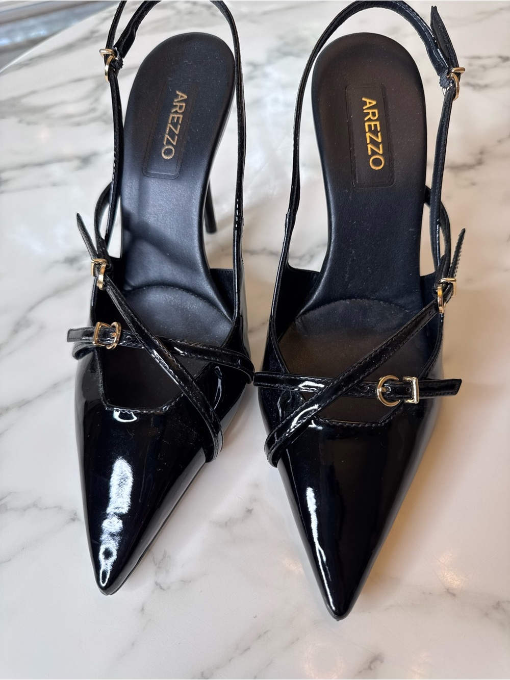 Arezzo Black Patent Pointed Slingback Heels